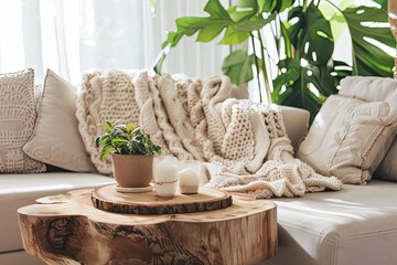 Minimalist Tropical Interior: Chunky Knit Throw, Wooden Table Centerpiece