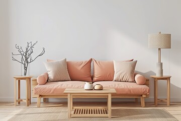 Minimalist Peach Sofa and Stylish Beige Lamp: Sustainable Delicate Room Design