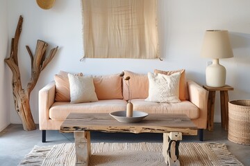 Peach Sofa & Wooden Coffee Table: Cozy Minimalist Living Room Design