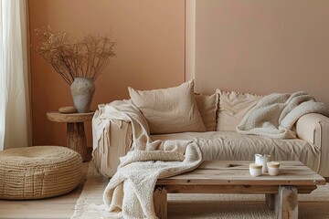 Minimal Peach-Colored Room with Cozy Beige Throw � Contemporary Living Space with Wooden Coffee Table and Sofa