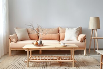 Minimalist Living Room with Peach Sofa, Wooden Coffee Table, and Stylish Beige Lamp