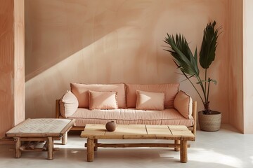 Pastel Peach Chic: Minimal Room with Eco-Friendly Furniture and Stylish Plant Accent