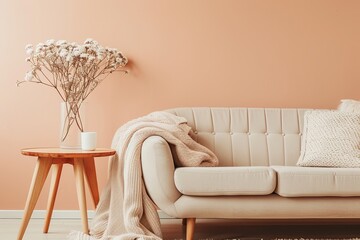 Chunky Knit Throw on Peach Sofa: Minimalist Living Space with Wooden Table Centerpiece