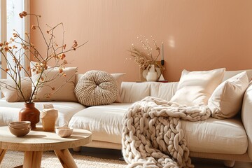 Chunky Knit Throw on Peach Sofa: Minimalist Living Space with Wooden Table Centerpiece