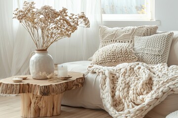 Minimalist Interior: Chunky Knit Throw on Couch and Wooden Table, Serene Eco-Friendly Decor