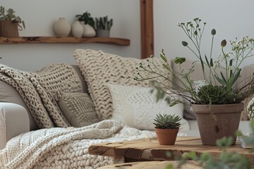 Minimalist Interior with Wooden Features and Greenery: Chunky Knit Throw, Wooden Table Centerpiece, Potted Succulents, Floral Cushions