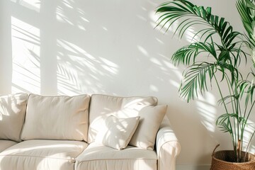 Minimalist Tropical Sophistication: Elegant Living Room with Light Couch