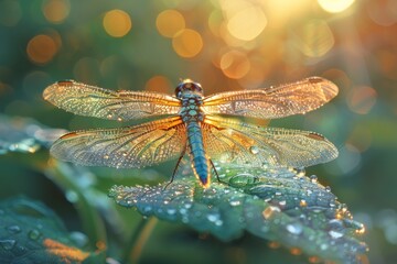 Anisoptera ,A close-up of a dragonfly resting on a dew-covered leaf, its intricate wings highlighted by the morning ,Extreme macro shots, dragonfly wings detail. isolated on a white background.