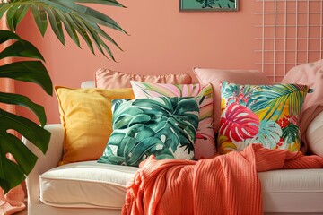 Tropical Foliage and Chic Furniture: Peach-Toned Interior Design with Vibrant Tropical Pillows