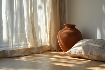 Sunlit Eco-Conscious Urban Oasis with Stylish Terracotta Vase and Luxurious Pillow