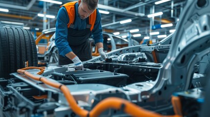 Fototapeta premium A mechanic inspecting the battery of an electric car in a high-tech automotive workshop