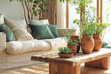 Modern Tranquil Oasis: Cozy Minimalist Living Room with Green Accents and Natural Decor