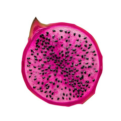  A single slice of dragon fruit, its vibrant pink and black seed pattern shown, transparent background, PNG Cutout