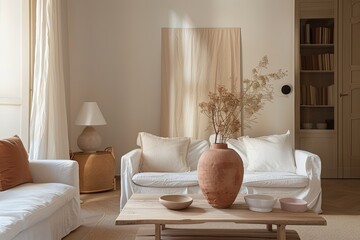 Natural Light Terracotta Decor: Chic Lounge in a Serene Apartment