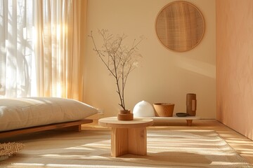 Natural Light Elegance: Modern Eco-Friendly Peach and Beige Room with Minimal Wooden Centerpiece