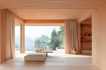 Minimalist Peach Oasis: Modern Living Space with Nature Views
