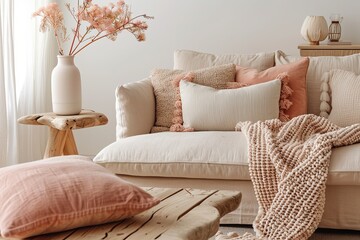 Peach Interior Design: Cozy Sofa, wooden coffee table, Soft Cushions, Chunky Knit Throw, and Pink Pillow Comfort