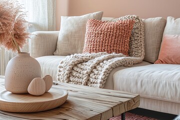 Peach Interior Delight: Trendy Design with Soft Cushions and Pink Accents
