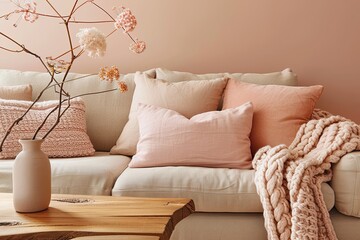 Peach Interior Delight: Trendy Design with Soft Cushions and Knit Throw