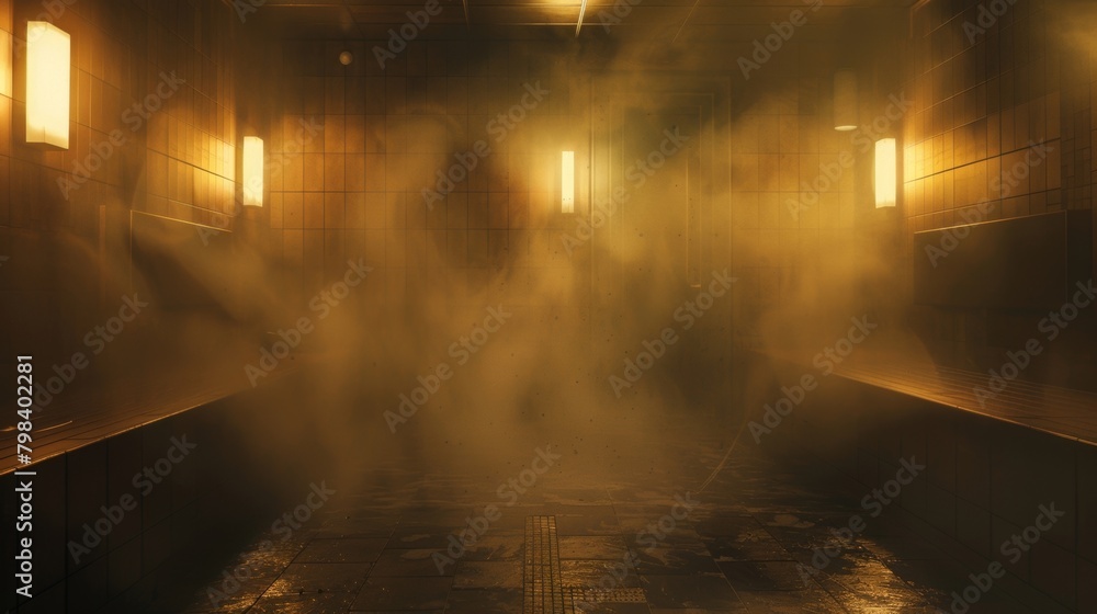 Poster a steamy sauna room with dim lighting creating a calming and intimate atmosphere for patients to ope