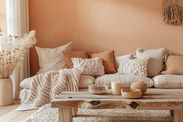Chic Peach-Toned Living Room: Trendy Soft Cushions and Chunky Knit Throw