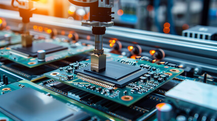 computer chips assembly line in manufacturing plant, modern electronics production factory 