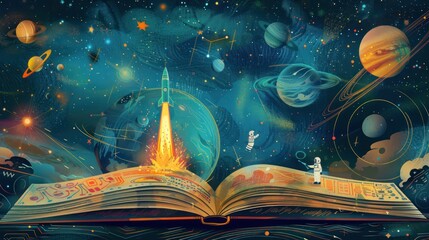 Open science book illustration, astronaut space planet theme.