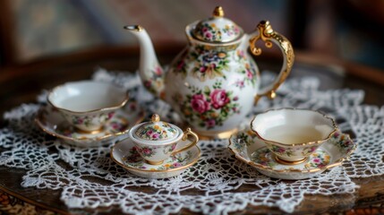 A miniature tea set complete with a teapot cups and saucers carefully arranged on a lace doily..