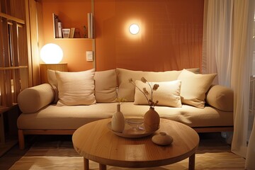 Cozy Peach Living Room with Beige Sofa Around Round Wooden Table and Soft Lighting
