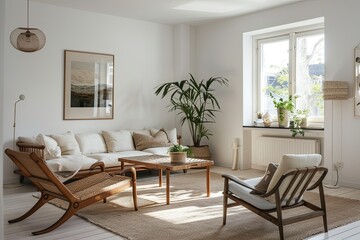 Scandinavian Eco-Friendly Living Room: Wooden Furniture & Sustainable Greenery Harmony