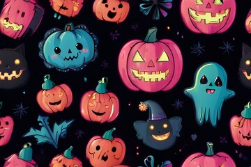 Cute Halloween Pumpkins, bats, Ghost Card blue pink, Aesthetic Neon Handmade painting black background Generator AI 
