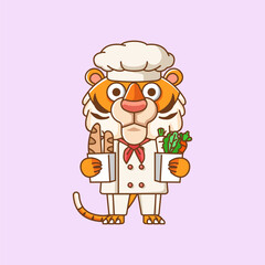 Cute tiger chef cook serve food animal chibi character mascot icon flat line art style illustration concept cartoon