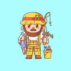 Cute uncle fisher fishing kawaii chibi character mascot illustration outline style design
