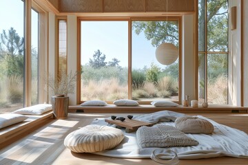 Tranquil Oasis: Sustainable Decor and Light Wooden Features in a Serene Room Design with Enhanced Natural Light