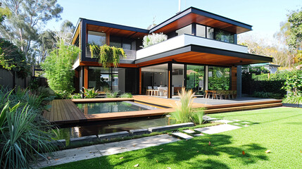 Fototapeta premium Modern Home Extension in Melbourne Showcases Sustainable Design with Green Features and Natural Elements 