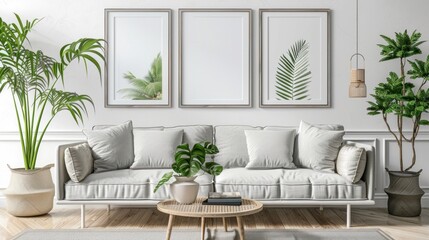 Square poster mockup with Three frames on empty white wall in living room interior.
