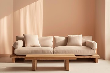 Sustainable Urban Home Design: Peach Interior with Sofa, Wooden Coffee Table, and Contemporary Detail