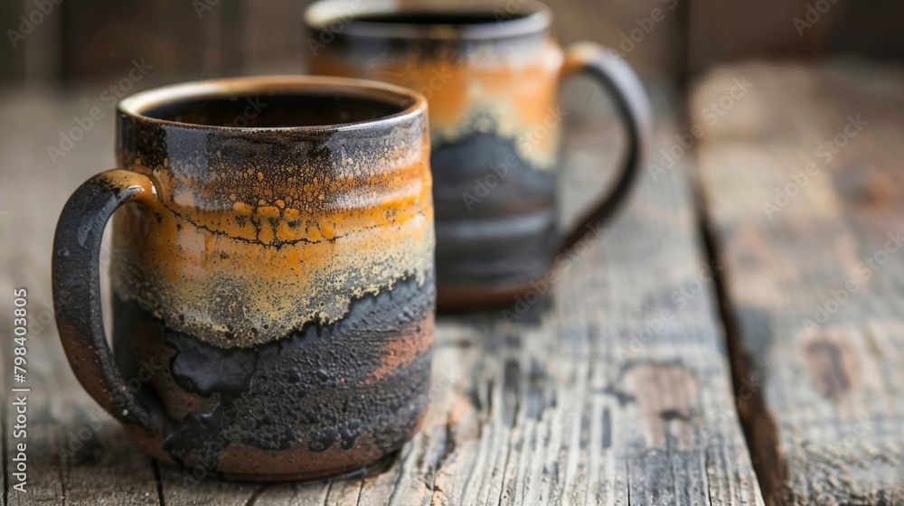 Aufkleber a set of handcrafted mugs featuring rough uneven edges and a glaze that resembles the rugged surface