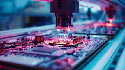computer chips assembly line in manufacturing plant, modern electronics production factory 