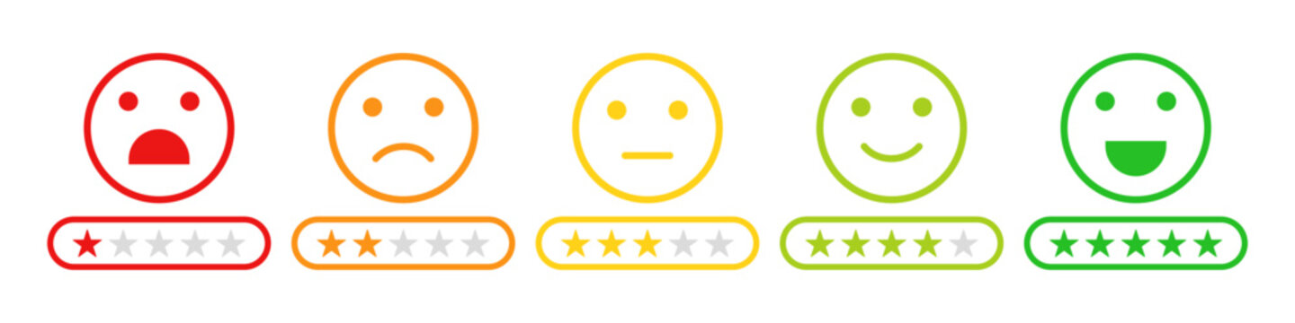Naklejki Star rating. Feedback emoji icon set. Rating emojis set in different colors outline. Flat icon set of rating and feedback emojis icons color outline. Emotion levels on scale different faces icons.