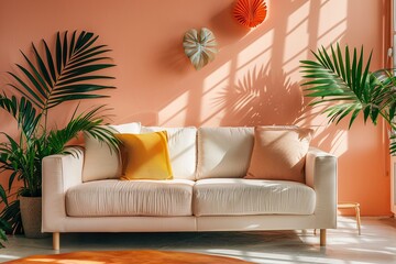 Sophisticated Peach Living Room: Minimalist Tropical Foliage & Modern Orange Accent
