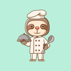 3Cute sloth chef cook serve food animal chibi character mascot icon flat line art style illustration concept cartoon