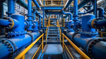 Fototapeta premium Symmetrical view of an industrial pump room with blue pipelines and stairway