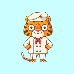 Cute tiger chef cook serve food animal chibi character mascot icon flat line art style illustration concept cartoon