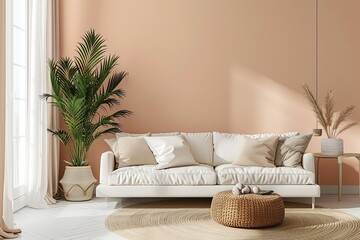 Sophisticated Living Room with Tropical Foliage & Peach Accents: Elegant Minimalism