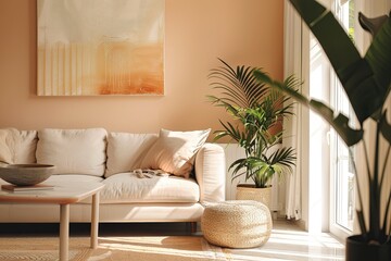 Sophisticated Minimal Living Room: Tropical Foliage & Peach Accents