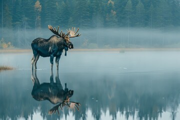 moose standing by a misty lake in the early morning, its reflection perfectly mirrored in the still water ,Moose isolated on white,Bull moose in Algonguin Park, Ontario, Canada, hiding among the tress