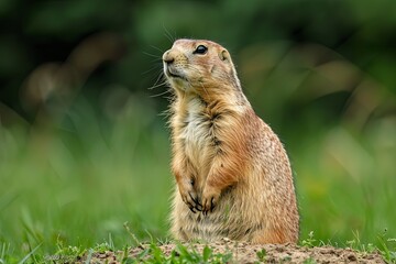 Naklejka na ściany i meble A vigilant prairie dog standing upright on a grassy knoll, on the lookout for danger, a symbol of alertness