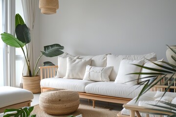 Sophisticated Tropical Minimalism: Serene Decor & Light Wood Living Room Ambiance