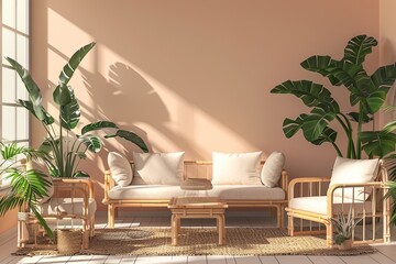 Greenery Infused Sophistication: Minimal Tropical Living Room with Trendy Peach Tones